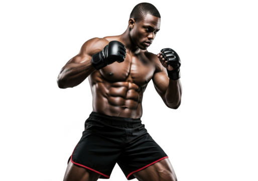 Muscular man in boxing stance isolated on transparent background