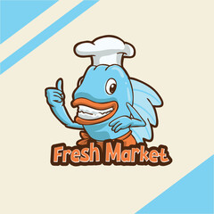 Cheerful fish mascot for fresh market with chef hat giving thumbs up for delicious seafood promotions