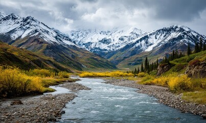 Snowy mountains, autumnal valley, rushing river