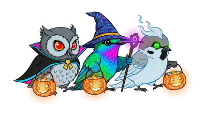 Naklejka premium Halloween Birds' Parade: A whimsical illustration showcases three enchanting birds dressed up for Halloween, each clutching a jack-o'-lantern and embodying the spirit of spooky season with flair. 