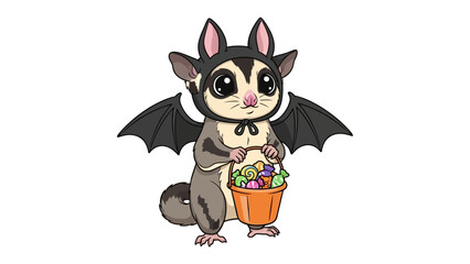 Halloween Sugar Glider: Adorable illustration of a sugar glider in a bat costume, holding a trick-or-treat bucket, ready for Halloween fun and adventure.