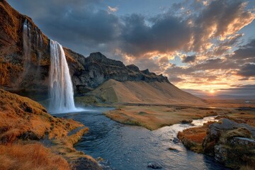 Majestic waterfall at sunset