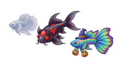 Fototapeta premium Fantastical Fish Trio: Immerse yourself in the enchanting world of mythical creatures, showcasing a trio of vividly colored fish, each with unique characteristics.