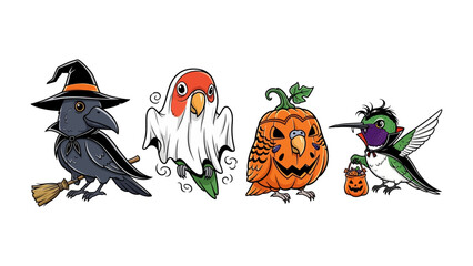 Halloween Birds: A vibrant collection of illustrated birds dressed up in Halloween costumes, from a witchy raven to a ghostly parrot, creating a playful atmosphere for the spooky season.