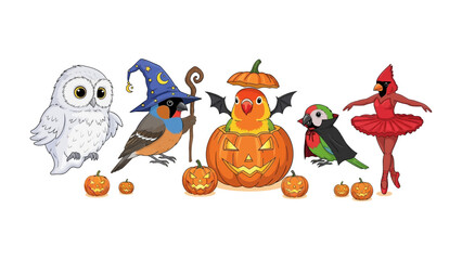 Halloween's Avian Assembly: A whimsical collection of animated birds, each in festive costumes, stand ready to celebrate Halloween night!