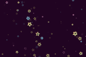 Starry Background with Light Effects, Colorful Stars Floating in Deep Purple Field