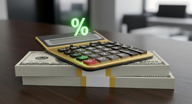 A calculator with a percentage symbol rests atop a stack of money on a table. - Powered by Adobe