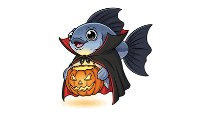 Halloween Fish with Pumpkin: A whimsical illustration features a charming fish in a vampire costume, playfully clutching a jack-o'-lantern, a delightful emblem of Halloween.