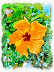 Watercolor pattern hibiscus. Vibrant illustration with realistic tropical flowers and leaves. Graphic background, wallpaper. Digital drawing-illustration.