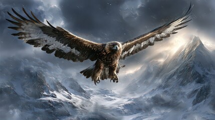 Majestic Golden Eagle Soaring Over Snowy Mountains