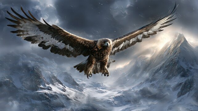 Majestic Golden Eagle Soaring Over Snowy Mountains