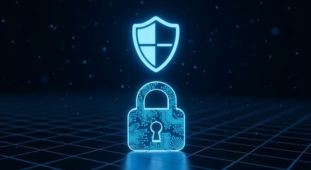 Glowing blue digital padlock and shield icons hover above a grid, representing online security and data protection.