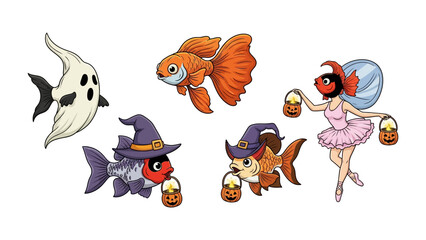 Halloween's aquatic parade: Charming fish dress up in delightful costumes, celebrating Halloween with a touch of whimsy, in an artful illustration.