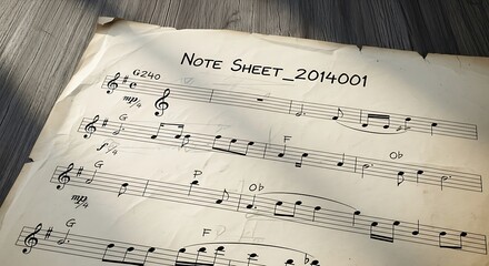 Naklejka premium Detailed Musical Notation Sheet on Aged Paper, Illustrating Creative Composition