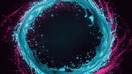 Dynamic, circular splash of cyan and magenta water forming a swirling vortex against a dark backdrop