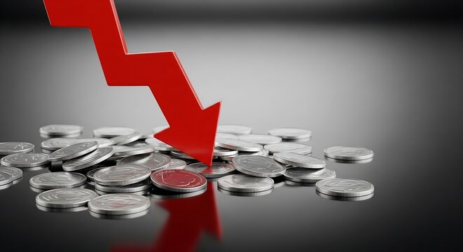 A red arrow pointing downward over a pile of coins, symbolizing financial decline.