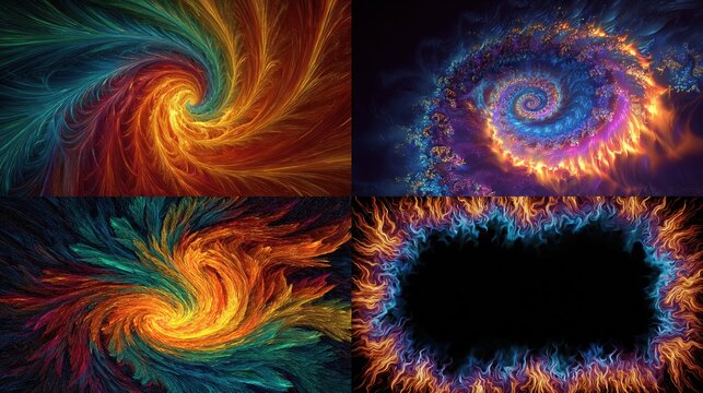 Four abstract digital art pieces featuring swirling, fiery forms in vibrant, contrasting color palettes