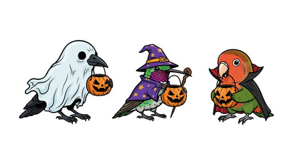 Halloween Birds in Costume: Three charming birds, each in a unique Halloween costume, holding Jack-o'-lanterns, creating a fun and festive atmosphere with adorable characters.