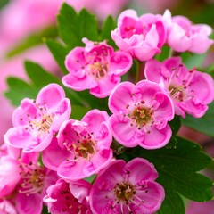 Obraz premium Close-up of vibrant pink blossoms on a leafy branch