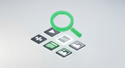 Isometric view of a green magnifying glass over digital icons, representing data analysis.