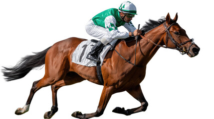 Horse and Jockey in Full Speed: A sleek, thoroughbred horse, ridden by a focused jockey in vibrant racing attire, thunders along a race track in a moment of intense competition.