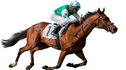 Horse and Jockey in Full Speed: A sleek, thoroughbred horse, ridden by a focused jockey in vibrant racing attire, thunders along a race track in a moment of intense competition.