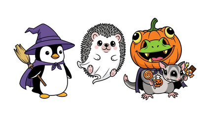 Spooky Halloween Creatures: A charming collection of Halloween characters, a penguin witch, a hedgehog ghost, and a sugar glider frog, perfect for spooky season.
