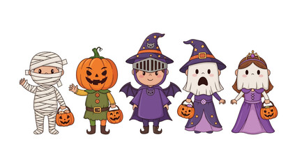 Spooky Halloween Kids in Costumes : A delightful group of children in diverse, intricately designed costumes, ready for the enchanting traditions of Halloween. Capturing childhood innocence.