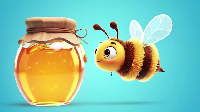 Animated bee flies towards a jar of honey, creating a buzz of sweetness and playful delight, perfect for children's content and cheerful themes