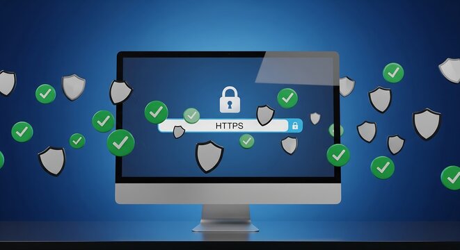 Computer screen displaying HTTPS address bar with a padlock icon, surrounded by floating shields and checkmarks, indicating security.