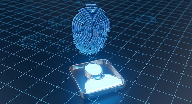A digital fingerprint floats above a human icon, representing security and identity.