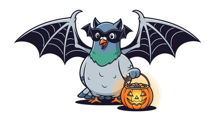 Halloween Pigeon in Costume: A whimsical illustration depicts a pigeon dressed in a bat costume, ready for trick-or-treating, full of the spirit of autumn fun.