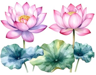 Two lotus flowers and leaves in soft watercolor style