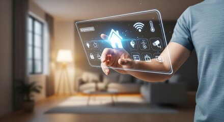 A person holding a transparent digital tablet, controlling smart home devices within a modern living space.