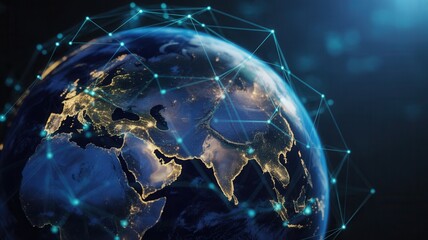 Global network connectivity visualized with glowing Earth at night and interconnected digital nodes symbolizing communication and data flow across continents.