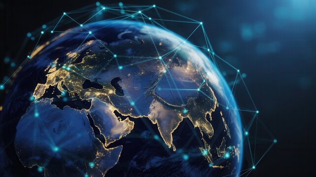 Global network connectivity visualized with glowing Earth at night and interconnected digital nodes symbolizing communication and data flow across continents.