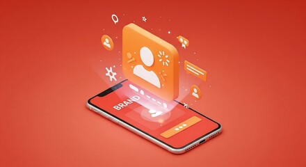 A smartphone displays a user profile icon and other related graphics on a red background.