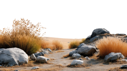 Desert Trail: A rugged desert scene, where a worn pathway winds through a landscape of scattered rocks and tufts of hardy grasses, offering a sense of journey and resilience.