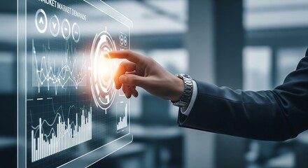 A hand in a suit interacts with a futuristic digital interface displaying data visualizations and charts.
