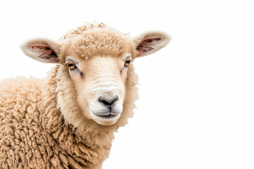 Cut out of young sheep isolated on white background looking at camera. No people. Copy space isolated on white background