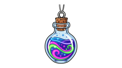 Whimsical Potion Bottle: A vibrantly colored illustrated potion bottle, perfect for fantasy themes, features swirling liquid within a glass vessel with a cork stopper.