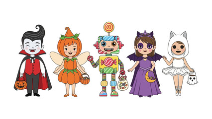 Halloween Costume Collection: A delightful assembly of children in festive Halloween costumes, each with unique props, ready for trick-or-treating. Capturing the vibrant fun of the holiday spirit. 