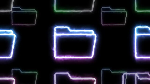 Dynamic glowing folder icons animation for file management solution backgrounds and neon tech presentations, energetic digital archive visuals flowing seamlessly