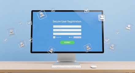 Computer screen showing a secure user registration form with floating profile icons and checkmarks.