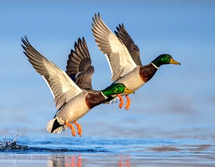 Two mallards taking flight over water