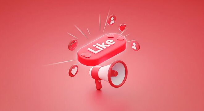A 3D rendering of a "Like" button above a megaphone, surrounded by social media icons on a red background.