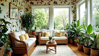 Obraz premium Bright and Inviting Sunroom with Lush Greenery and Cozy Rattan Furniture Surrounded by Large Windows Overlooking a Serene Outdoor View