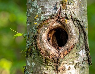 Tree trunk with a birdhouse hole