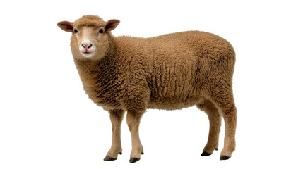Fototapeta premium A Brown Sheep Portrait: A single brown sheep, with its thick fleece and alert gaze, stands tall in a studio setting, exuding an aura of pastoral calm.
