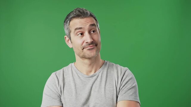 Intrigued mature man on green screen, ready for animation or visual effects, expressing curiosity and subtle humor with a slight smirk in studio